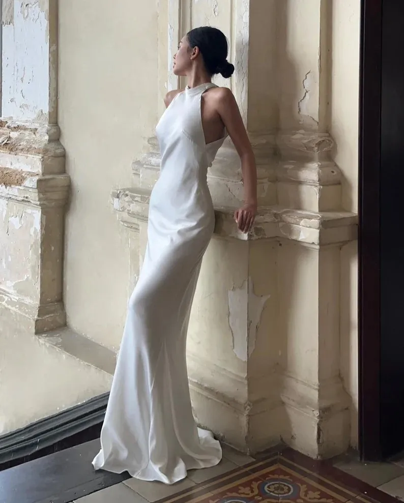 Modern Wedding Dresses Mermaid Sexy Customized Women Bride Dresses Halter Neck Elegant Bride Dress Long Wedding Party Gown 4