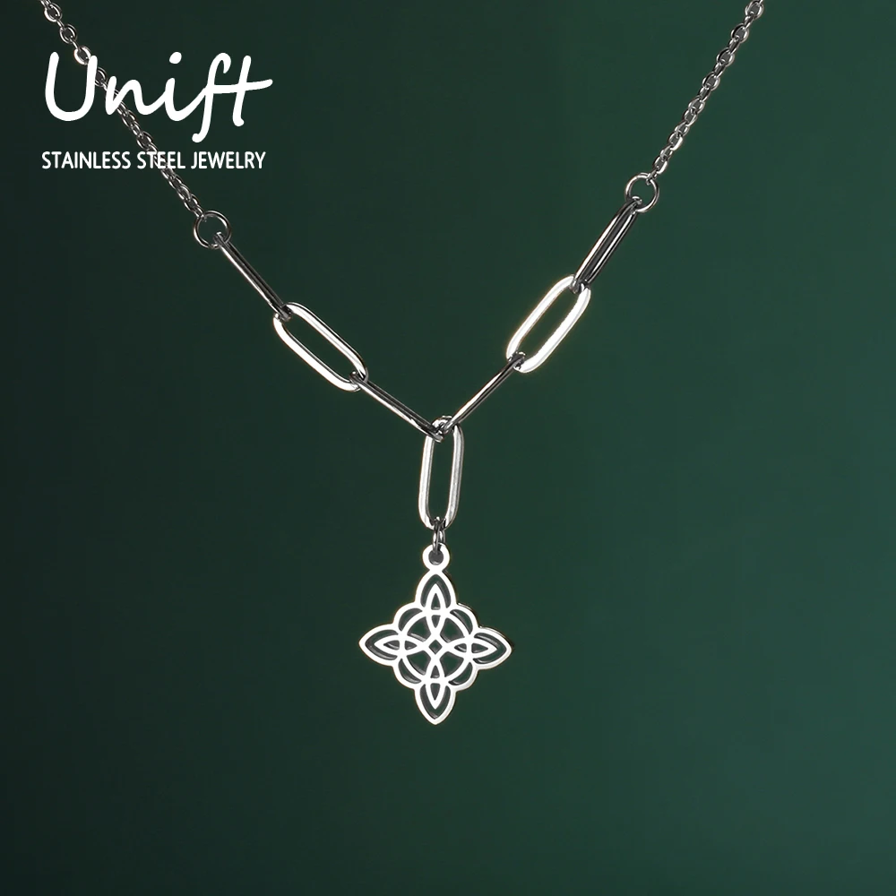 

Unift Double Witch Knot Necklace Statement Chain Stainless Steel Necklace Choker Vintage Celtics Wicca Amulet Jewelry Party Gift