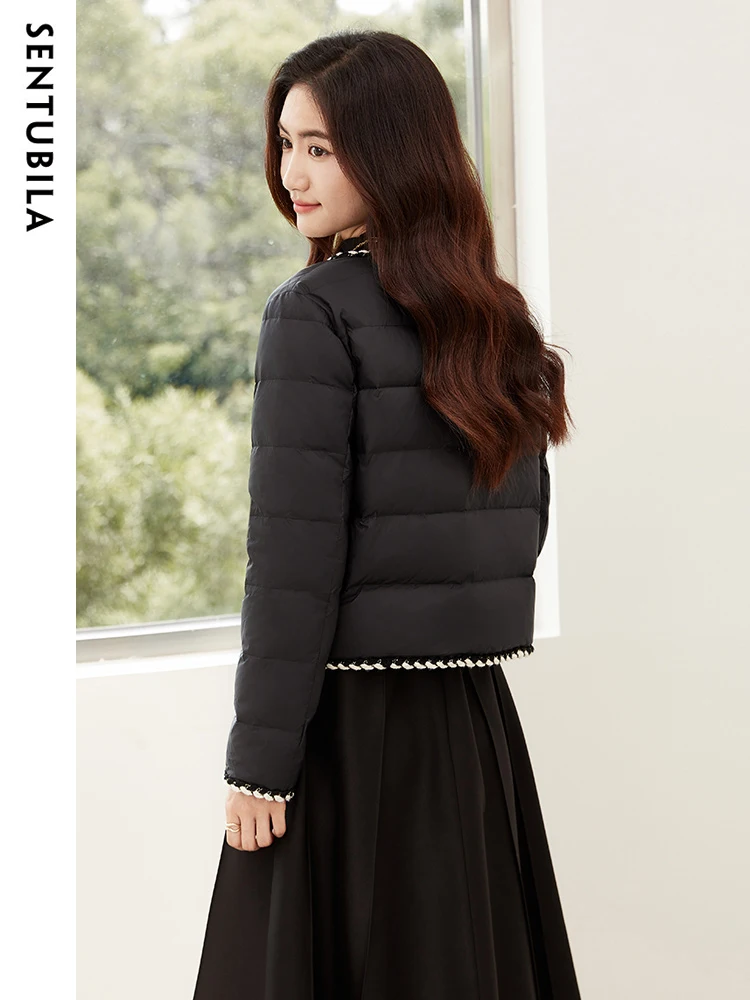 SENTUBILA Women's Short Duck Down Coat 2023 Autumn Winter Crew Neck Fashion Simple Zipper Puffer Jacket Office Ladies W34Y49693