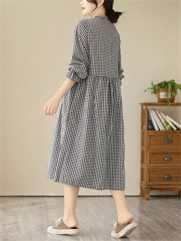 Autumn Cotton Plaid Flare Sleeve Vintage Dresses Women 2025 New Spring Casual Office Lady Work Dress Femme Robe Elegant Clothing