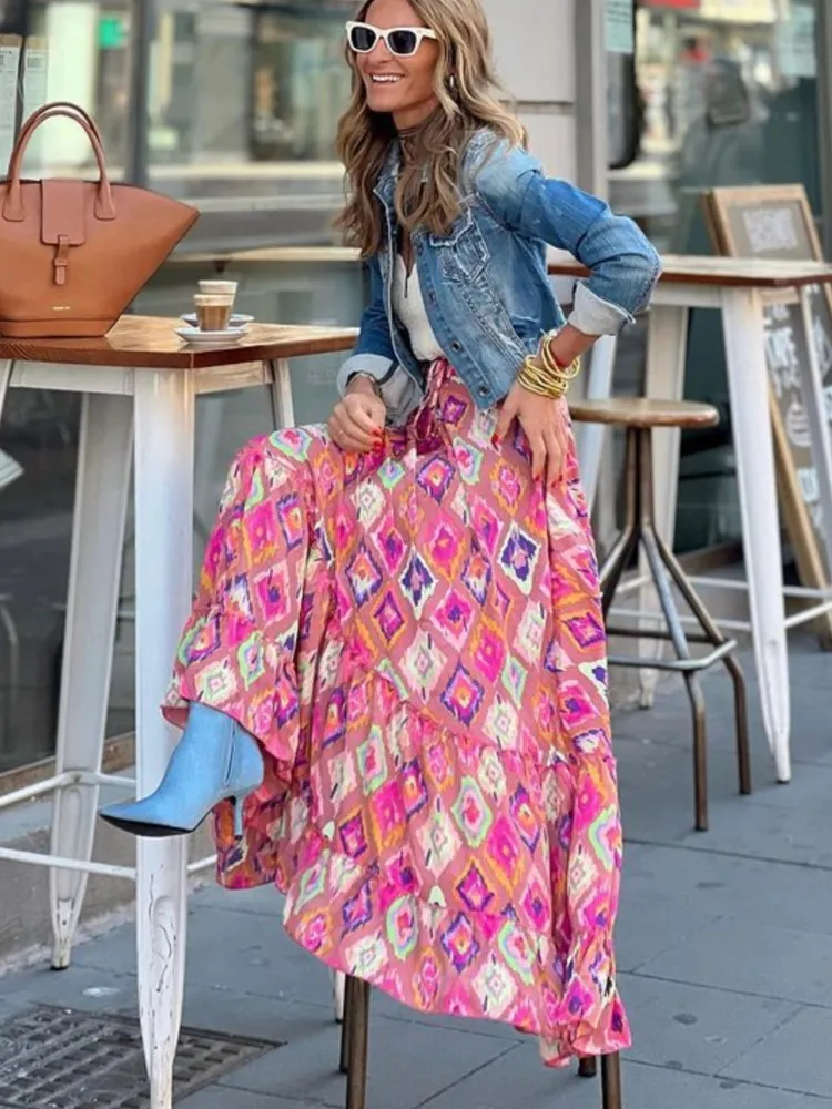 

Women A-Line Ruffle Swing Long Skirt Elastic High Waist Loose Casual Beach Maxi Floral Print Skirt Bohemian Dress Vestidos