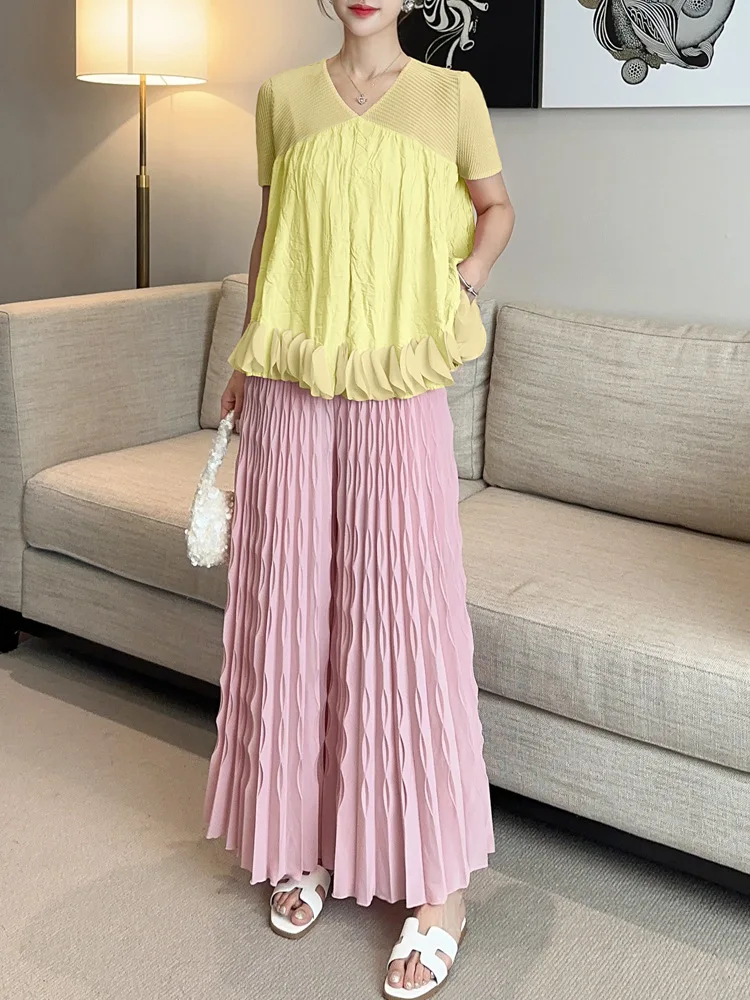 Pleated New Solid Color Elastic Waist Wide Leg Pants Fashion Hand Pleated Stretchy Loose Trousers Comfortable Women's