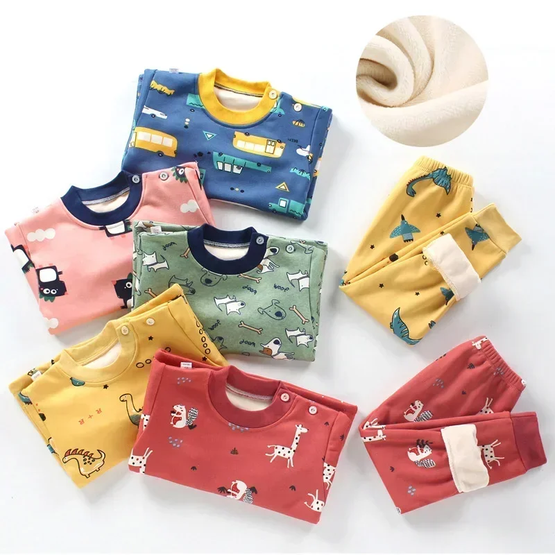 Зимние комплекты детской одежды 2023, теплая флисовая Пижама для мальчиков и девочек, утепленная детская одежда для сна, бархатное детское термобелье