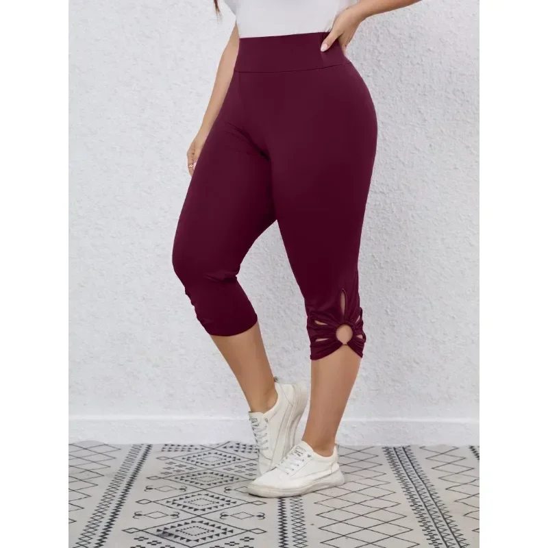 575587-764a90.jpg Plus Size Summer Women's High Waisted and High Elastic Solid Color Tight Pants Hollow Out Elegant Yoga Pants Cropped Pants - Image 1