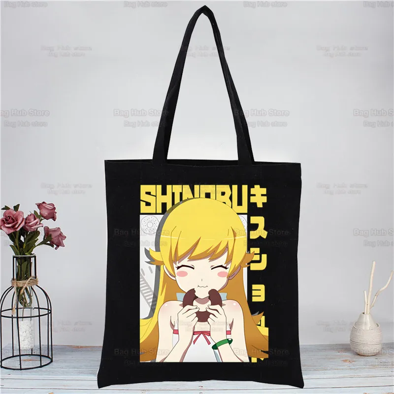 

Bakemonogatari Black Canvas Simple Print Senjougahara Oshino Shinobu Shopping Bags Girls Fashion Life Casual Pacakge Hand Bag