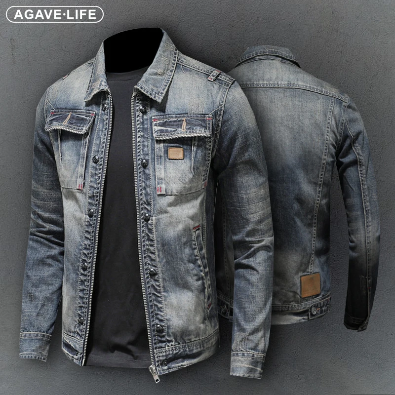 

Vintage Men Denim Jacket High Quality Personalized Zipper Biker Denim Tops Coat Mens Lapel Trend Jean Outerwear Blouson Homme