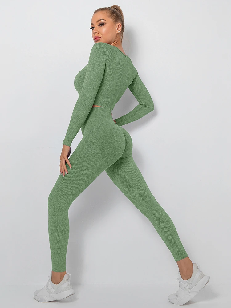 

Women Sport Set Ribbed Long Sleeve Trousers Set High Waisted Sports Leggings Set Workout Suit Gym Fitness Running Tracksuit