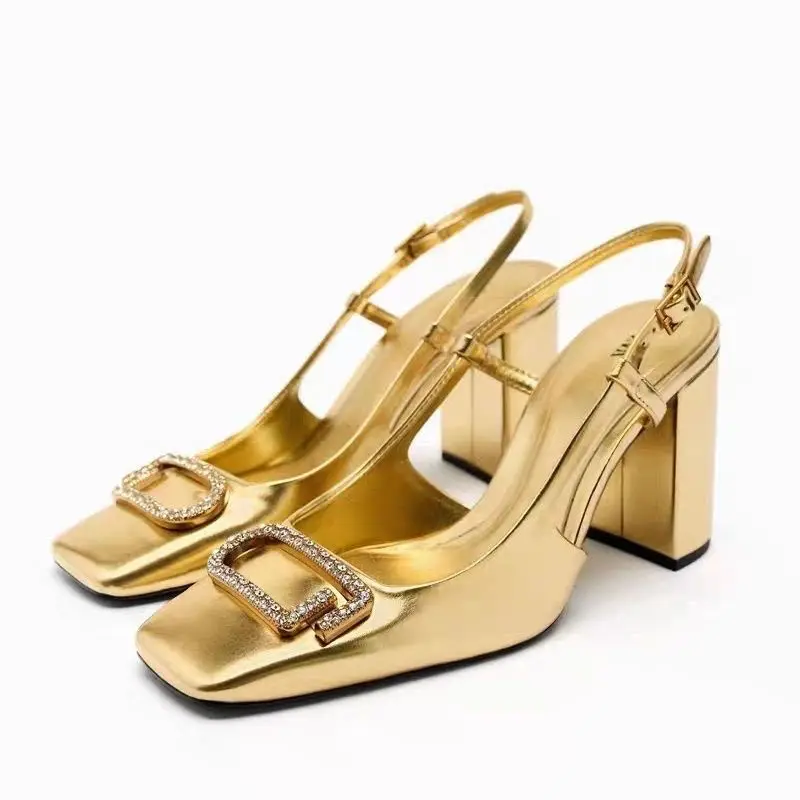 

ZA 2024 New European and American High Quality Women Shoes Golden rhinestone decorations square toe sandals high heels shoes