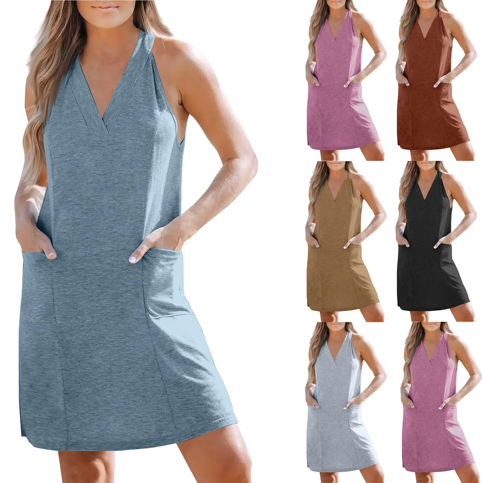 

Women's Summer Sleeveless Dress Casual Loose V-neck Tank Top With Pockets roupas feminina vestidos verano moda 2024 신상원피스