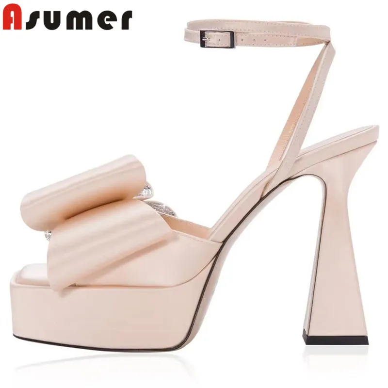 

ASUMER 2023 Size 34-43 New Butterfly Knot Silk Shoes Women Elegant Ladies Buckle Platform Sandals Thick High Heels Party Sandals