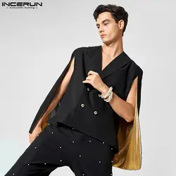 INCERUN Fashion Men Blazer Patchwork Lapel Streetwear Shiny Elegant Cloak Double Breasted 2023 Casual Men Ponchos Suits S-5XL