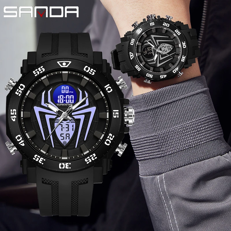 SANDA Men Military Watches Big Spider Dial Sport Watch LED Digital Waterproof Watch Men Multifunction Dual Display Clock Relogio 6