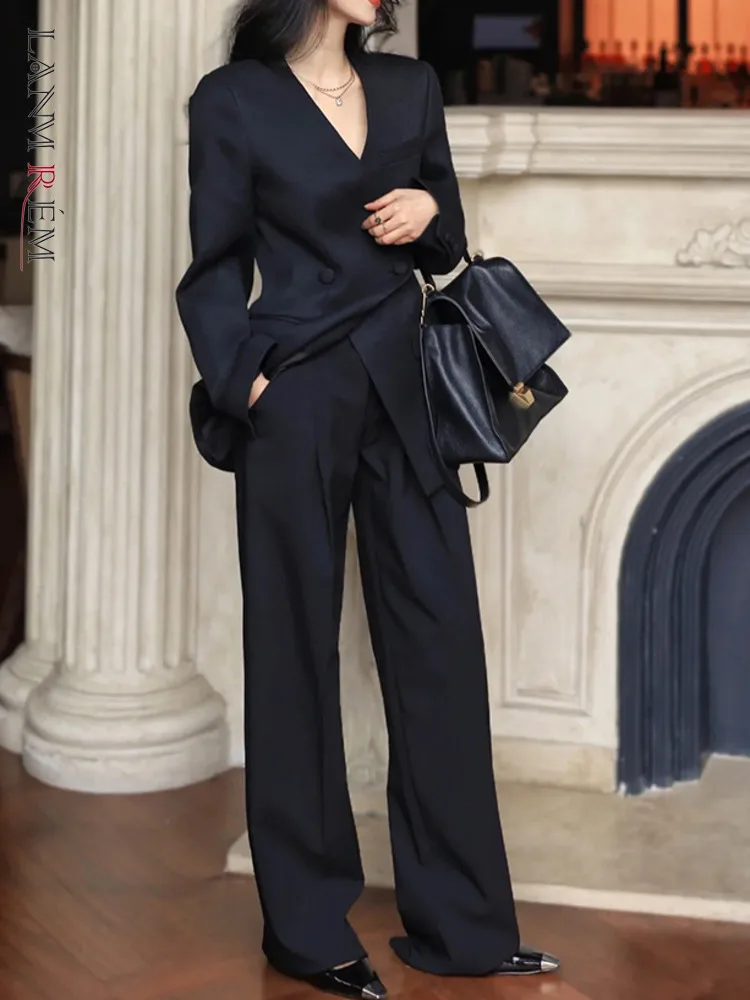 

[LANMREM] Office Lady Suits Set For Women V Neck Double Breasted High Waist Wide Leg Pants Fashion 2024 Spring New 26D8969