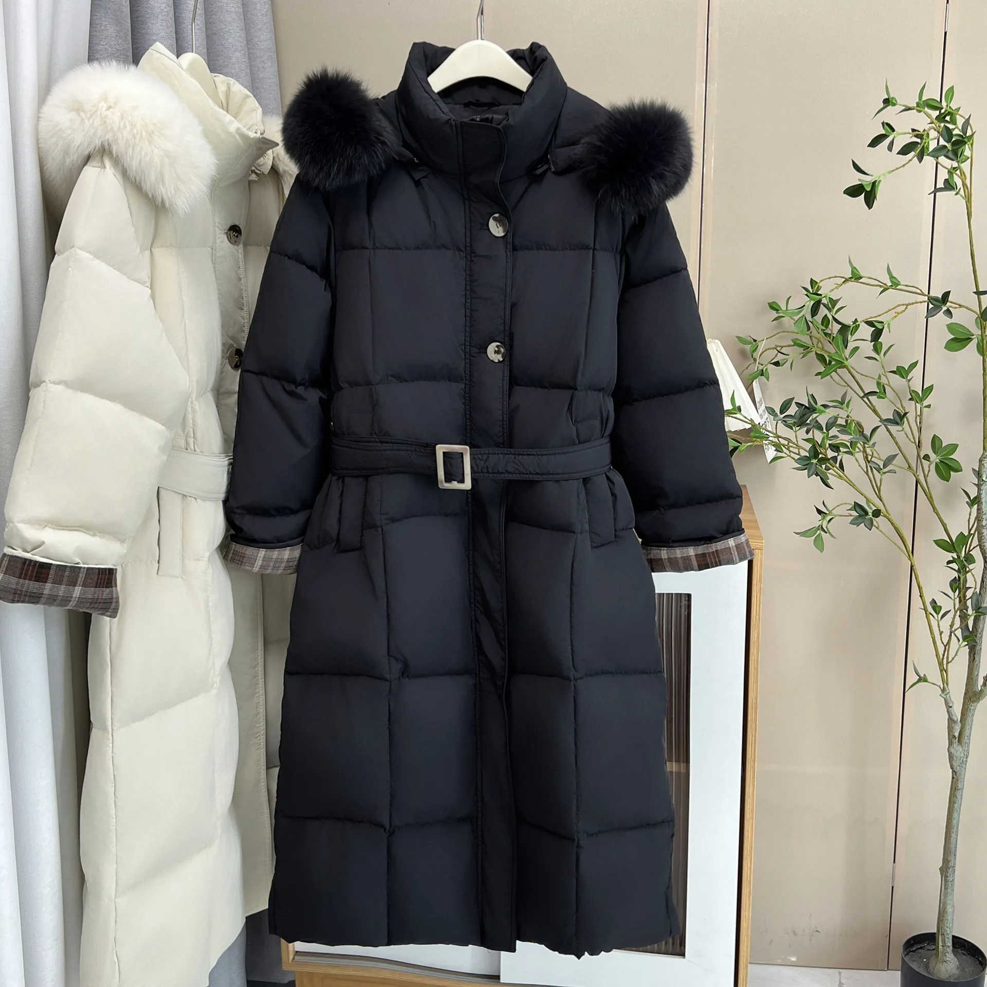 XXXXL Fashion Plus Size Women's Down Jacket New Winter Korean Style Real Fox Fur Collar Hooded Belt Warm Long Coat 8739