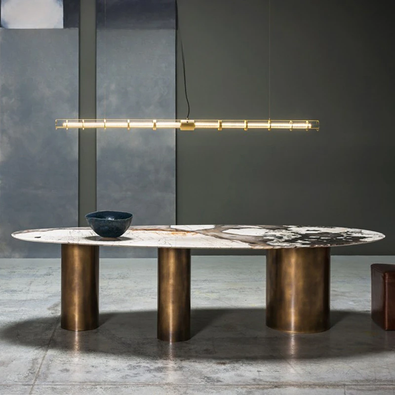 

Italian Pandora Rock Plate Dining Table Oval Stainless Steel Light Luxury Dining Table Household Nordic Luxury Stone Dining Tabl
