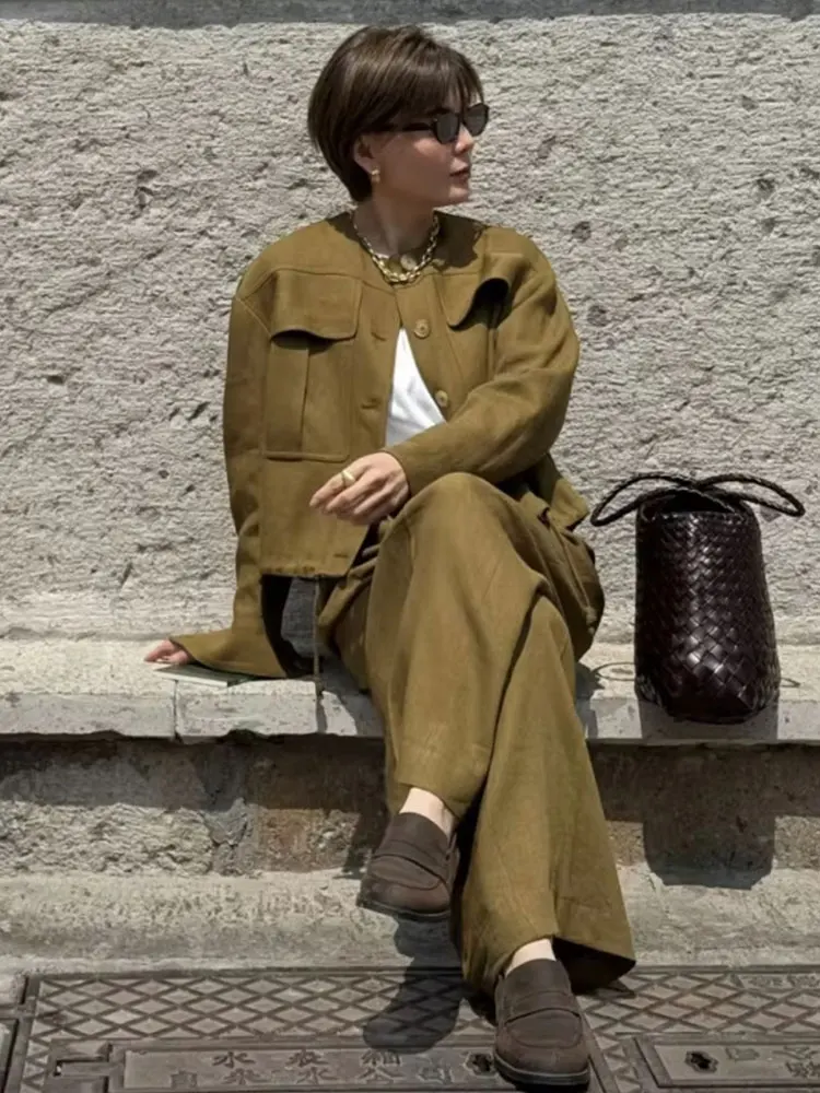 HH Women Vintage Solid Pants Sets O Neck Long Sleeve Bomber Jackets Single Breasted Cropped Coat Autumn High Street Outfits