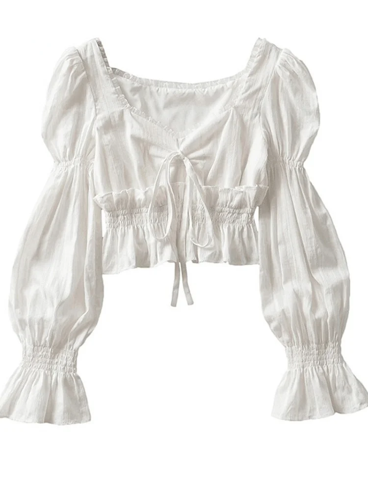 

French Pleated Lantern Long Sleeve Shirt For Women's 2022 Spring And Autumn New Vintage White Square Collar Blouse Tops Female