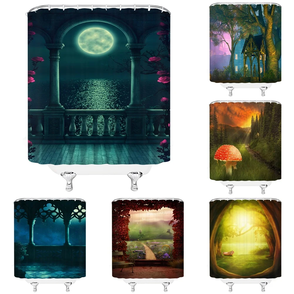 

Занавеска для душа с изображением сказочного сада, цветы леса, волшебный гриб, средневековая АРКА, декор для ванной комнаты, тканевые занавески для ванной, наборы для дома