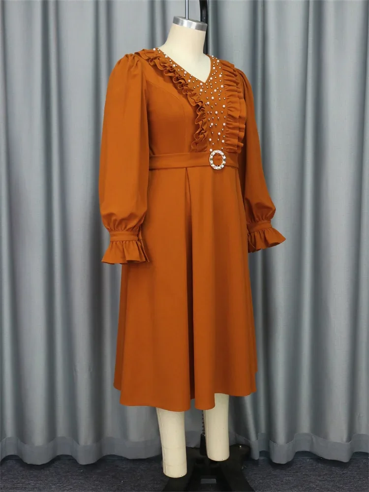 Wmstar Women Dress Brown V-neck Lantern Sleeves with Black Fungus Edge Evening Party Studded Pearl Dress Wholesale Dropshipping