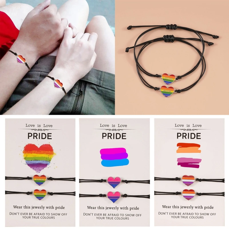 2Pcs Promise Love Heart Rainbow Strand Bracelets Set Lovely