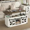 47.3'' White Farmhouse Center Table with Sliding Ironmesh Doors, Rustic Brown Top Rectangular Coffee Table for Living Room 1