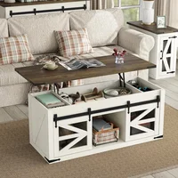 47.3'' White Farmhouse Center Table with Sliding Ironmesh Doors, Rustic Brown Top Rectangular Coffee Table for Living Room 1