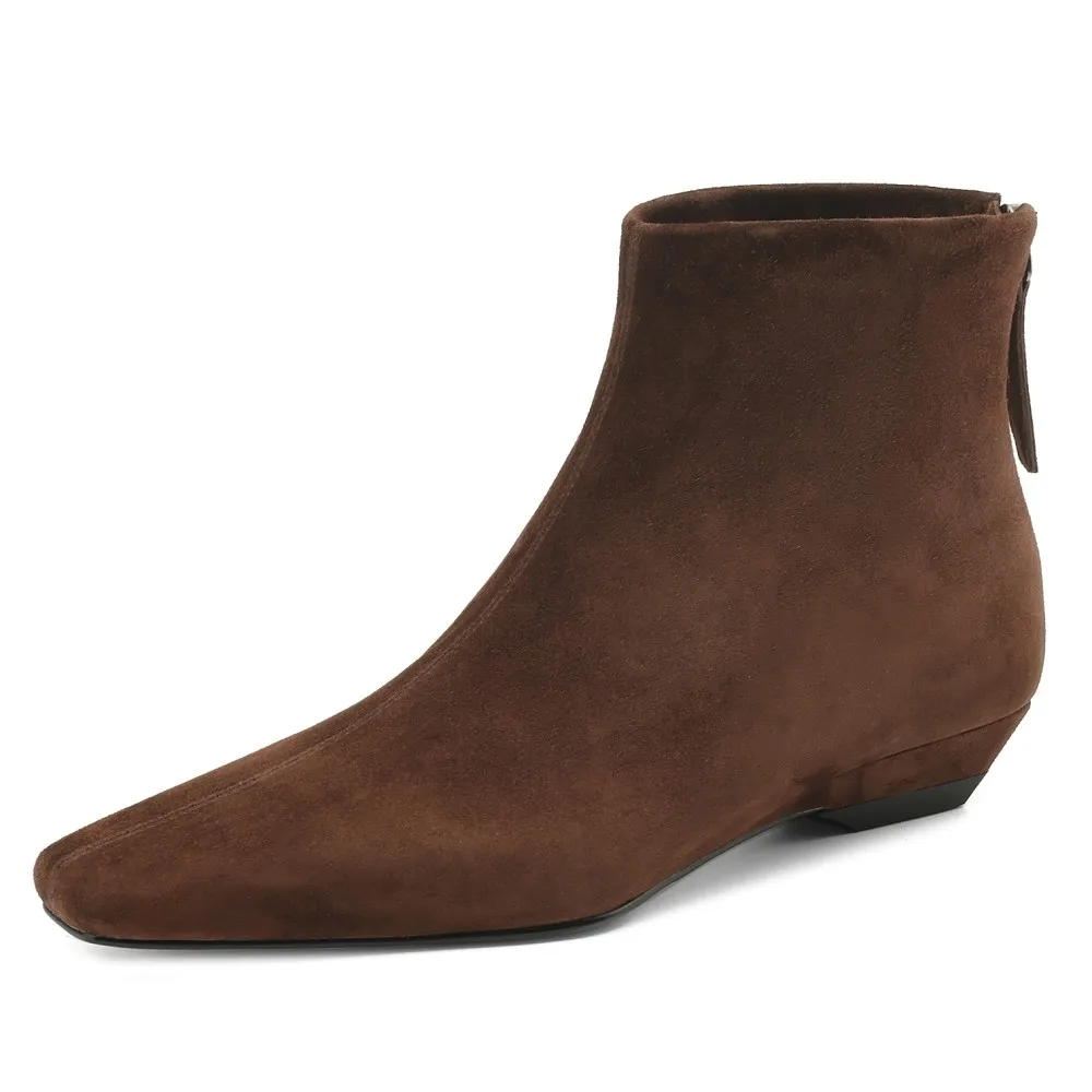 Plus size 34-42 women's natural suede leather back zip autumn flats ankle boots square toe casual female high quality short boot