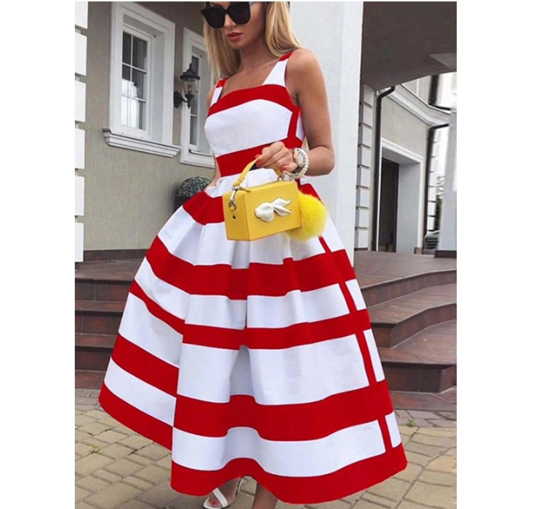 

Women Elegant Off Shoulder Long Party Dress New Summer Striped Print Sleeveless Dress Fashion Chic A-Line Suspender Beach Dress