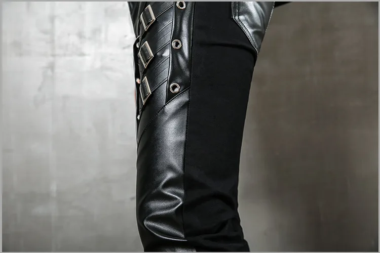 Mens Punk Fashion PU Leather Pants Personality Motorcycle Pencil Trousers Hip Hop Applique Black Leather Trousers Male