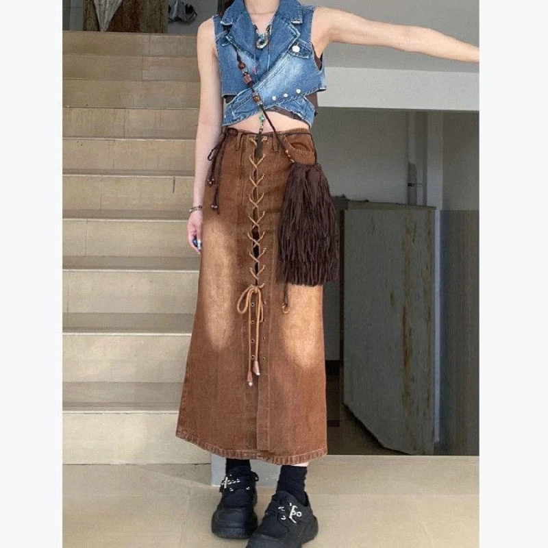 

Women Clothing 2023 New Fashionable Spring Summer Vintage Denim Fishtail Skirt Slimming Strap Spice Girl Casual Simple Skirt