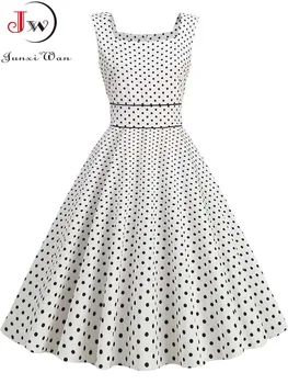 Eleganti Abiti Midi da Donna Estivi con Colletto Quadrato, Vestito Vintage a Pois con Spalline Sottili e Vita Alta per Feste