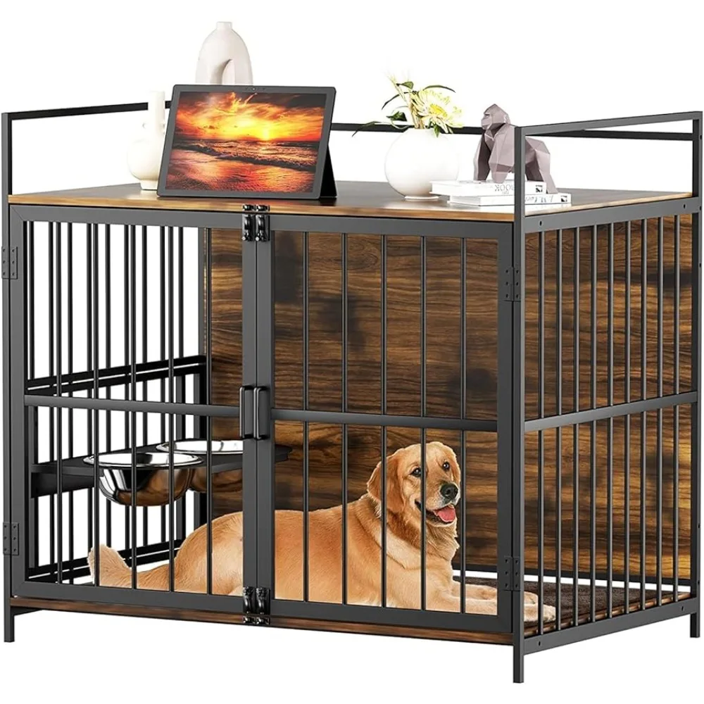 

Furniture Style Large Dog Crate With 360° & Adjustable Raised Feeder for Dogs With 2 Stainless Steel Bowls Freight Free Pet Home