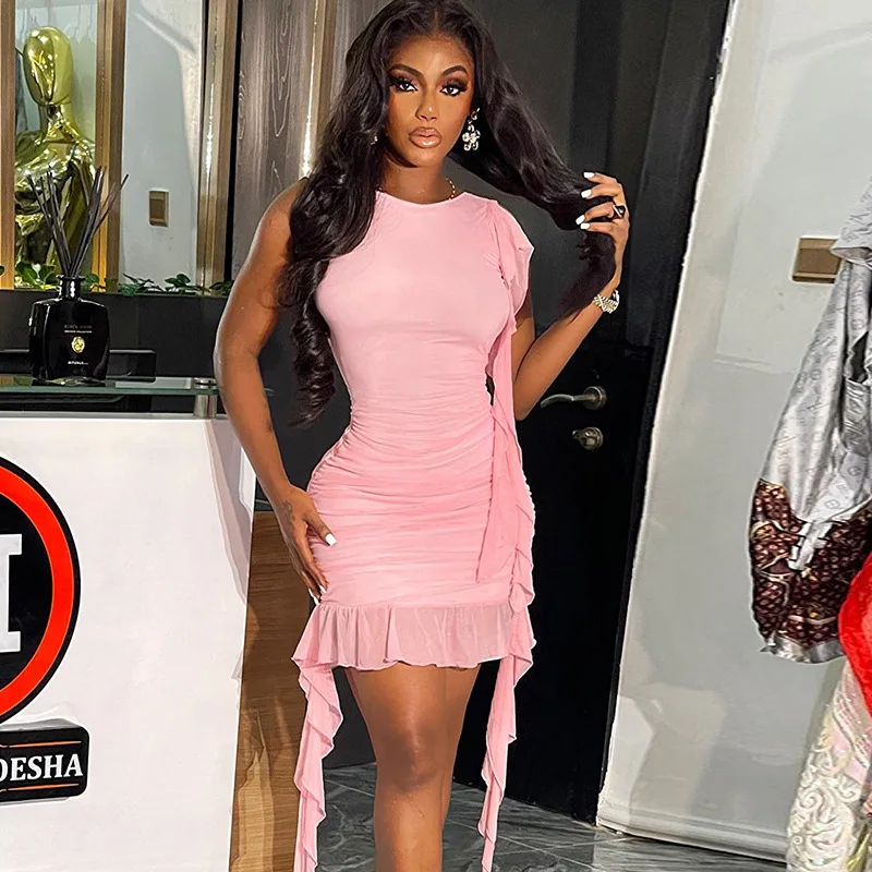 

New Fashion Street Style Party Fashion Dress Solid Color Round Neck Sexy Sleeveless Backless Streamer Hip-hugging Ruffle Dress