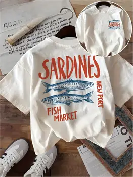 Sardines Fish Market T Shirt Funny New Port Graphic Double Sided Print Unisex Harajuku Aesthetic Loose Short Sleeve Summer Tops 1