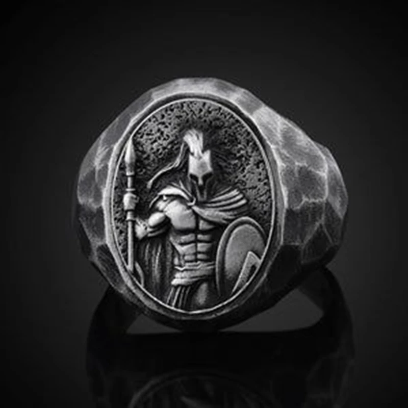 Vintage Spartan Warrior Helmet Rings For Men Gothic Punk Viking Norse Rune Warrior Alloy Statement Ring Totem Amuleto Jewelry