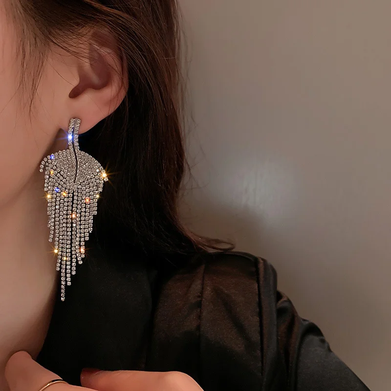 Peasimy Gradient Rhinestone Tassel Wheat Stud Earrings - Long Crystal Leaf Dangle Drop Earrings For Women