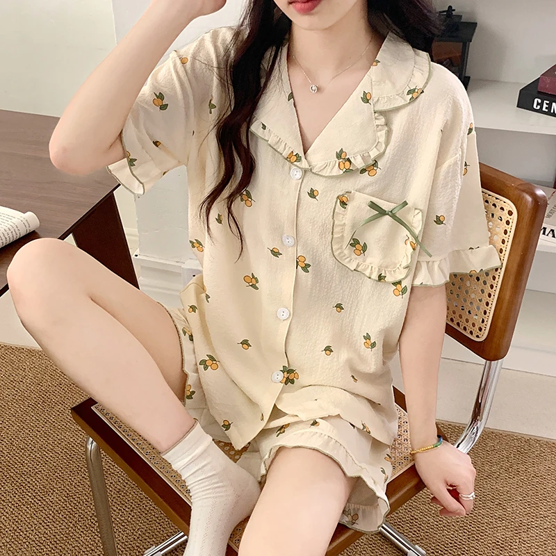 

Summer Women Pajamas Set Cotton Korean Short Sleepwear Pijama Printing Pyjama Femme Casual Home Clothing Adult Clothes