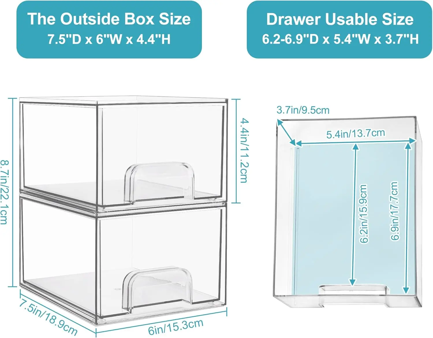 6 Pack Clear Stackable Storage Drawers, 4.4'' Tall Acrylic Bathroom Makeup Organizer,Plastic Storage Bins For Vanity 3