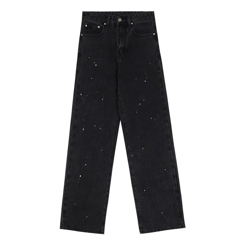Women Spring Autumn Pants Pocket High Waist Paint-splashing Style Denim Jeans Full Length Streetwear Polyester Wide Leg Trousers