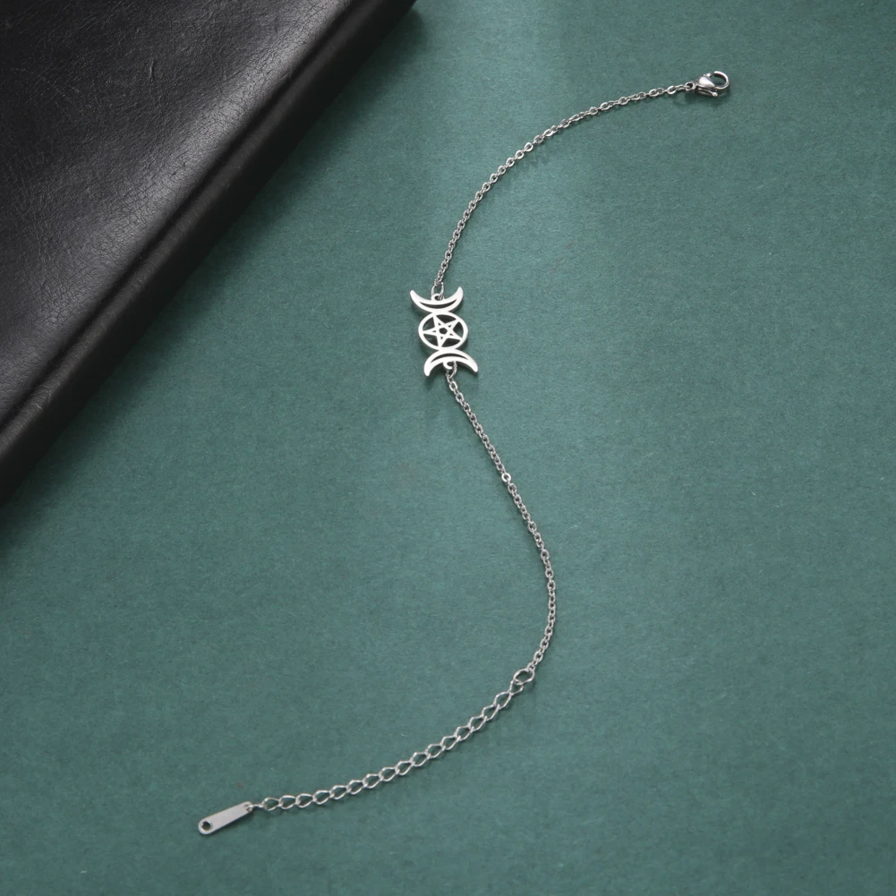 Dawapara Triple Moon Wicca Fußkettchen Armband Halbmond Pentagramm Göttin Symbol Edelstahl Armband Vintage Schmuck – Detail 13