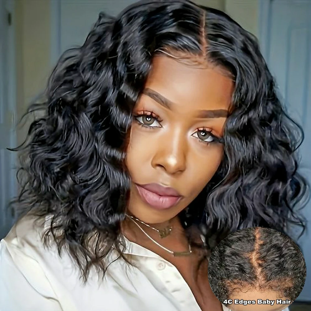 

4C Kinky Edges Natural Hairline Short Bob Wig 13x4 Loose Wave HD Lace Front Human Hair Wigs With Curly Baby Hair Glueless Wig