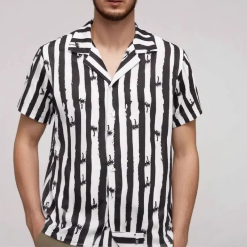 

Original Hot Oversize Men Loose Versatile Beach Outfit Button Black White Striped Printed Short Sleeve Shirt Lapel Collar Home