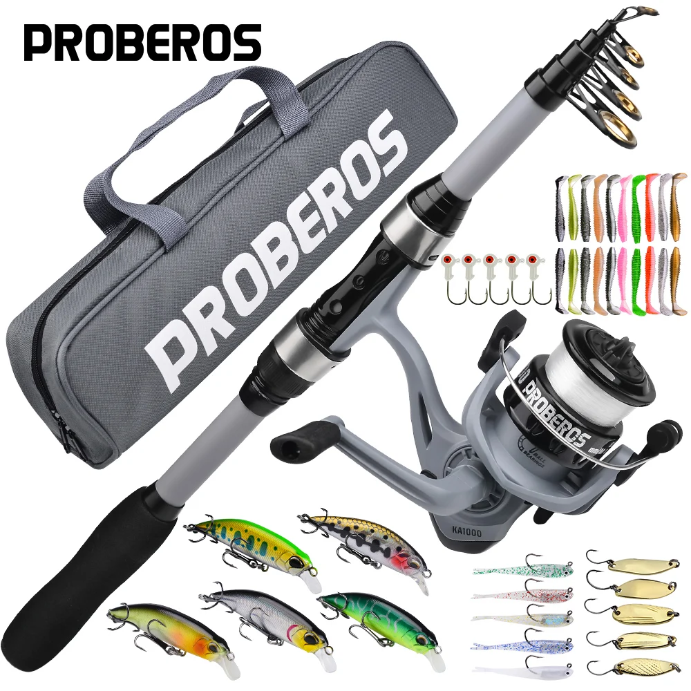 

PROBEROS Fishing Rod & Reel Set 1.8m Telescopic Rod 5.2:1High Speed Spinning Reel Combo Bag Line Baits Hooks Set