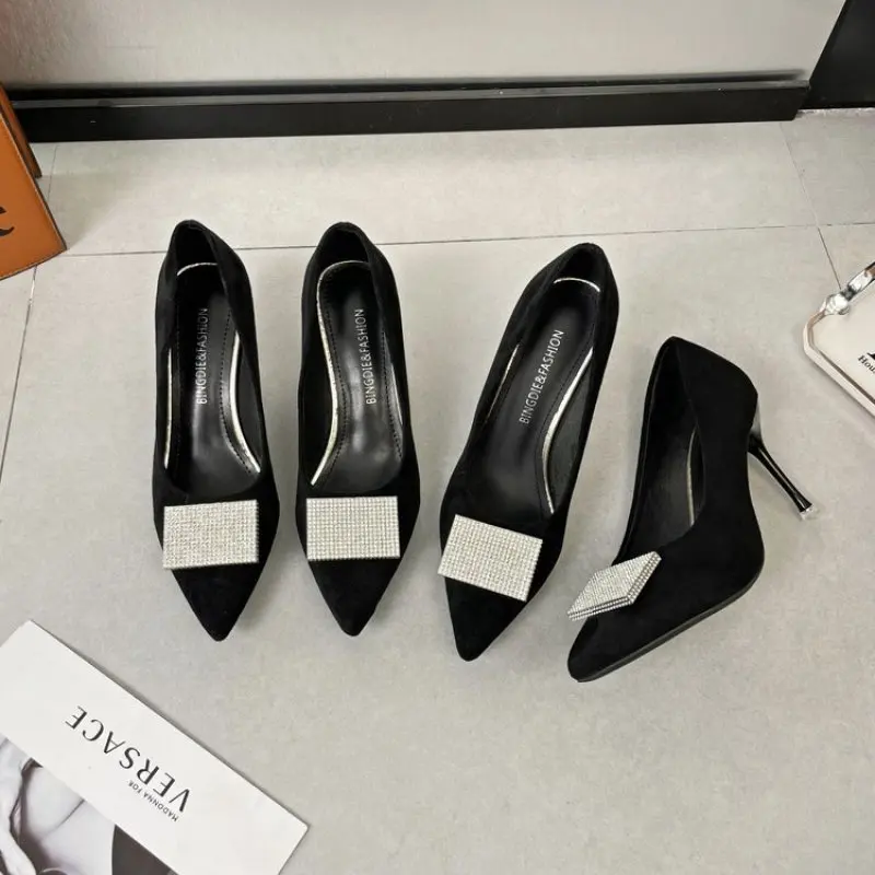 NEW High Heels Shoes for Woman 2024 Office Women's Summer Footwear Pumps Pointed Toe Black on Heeled Normal Leather Casual Trend