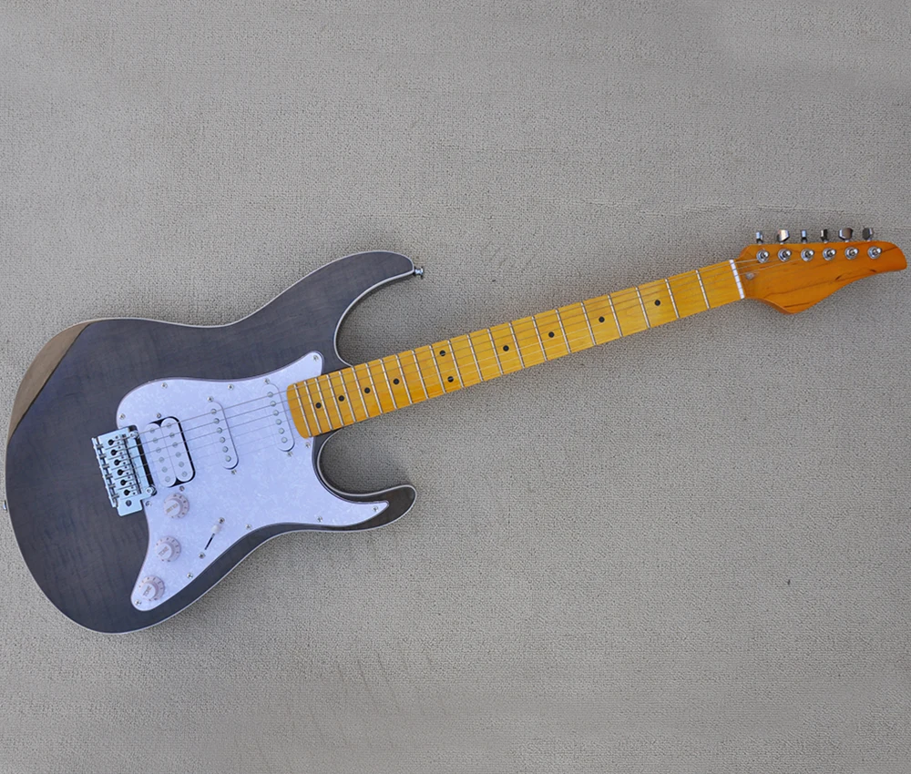 

6-струнная черная электрическая гитара с пламенным кленовым шпоном, Кленовая подставка, по индивидуальному заказу