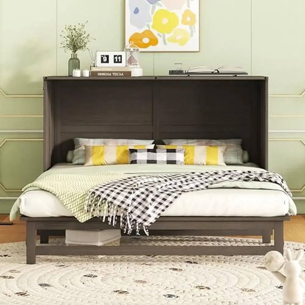 Queen Murphy Bed Cabinet with Charging Station Storage Drawer Modern Grey Bedroom Furniture 600lbs Capacity Kit