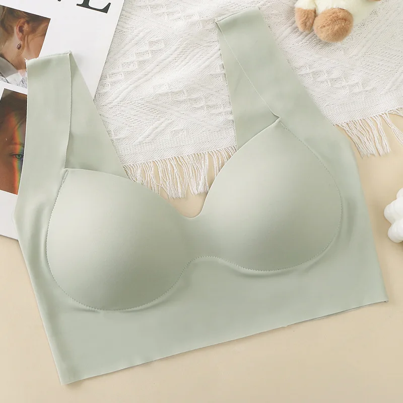Ice Silk Wireless Bras For Women Comfort Strap Push Up Chest One Piece Outer Wear Bra Traceless Underwear Vneck Female Lingerie