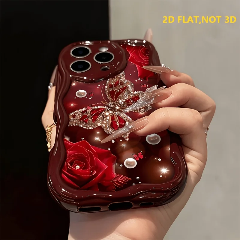 Luxury Cream Wavy Protective Phone Case with Diamond Butterfly Rose Design