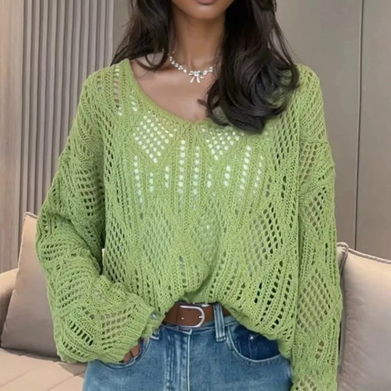 New Elegant Hollow Knitted Long Sleeve Sweater Women's Hoodie Loose Round Neck Office Spring and Autumn Top