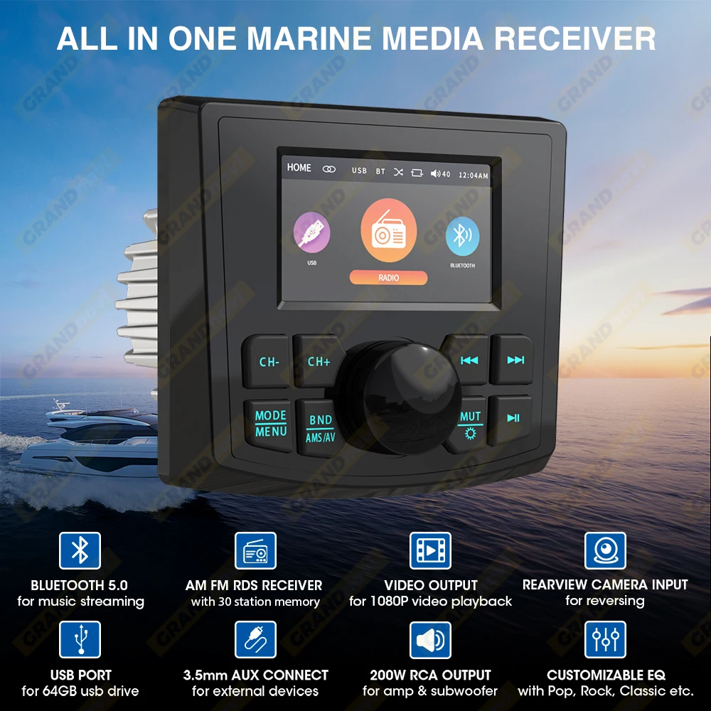 Boat Radio Player Marine Multimedia Player GRANDnavi Marine Stereo MP5 Waterproof IPX5 AUX Bluetooth FM AM RDS Audio For Yacht Gauge ATV UTV SUV Cart SPA
